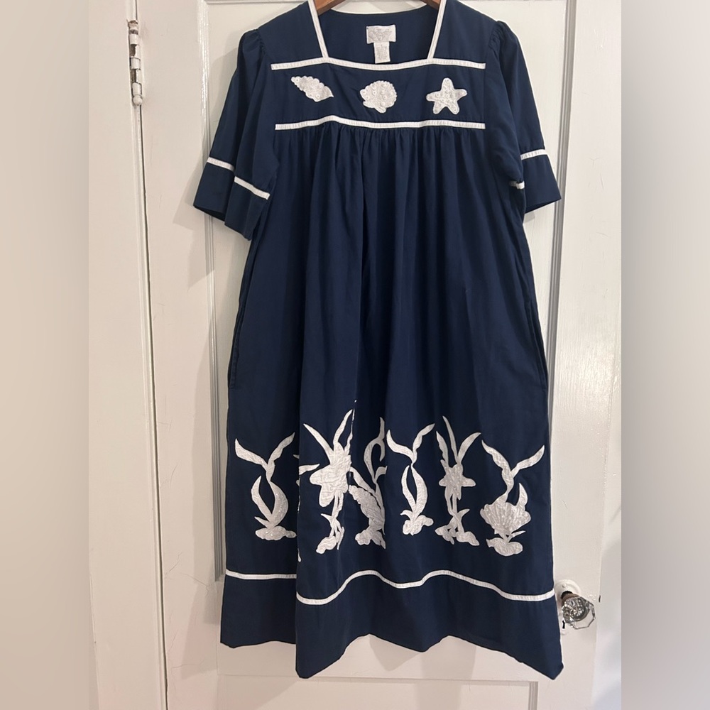 Go Softly Women’s Patio Dress House Dress Size small 100% Cotton Navy Nautical